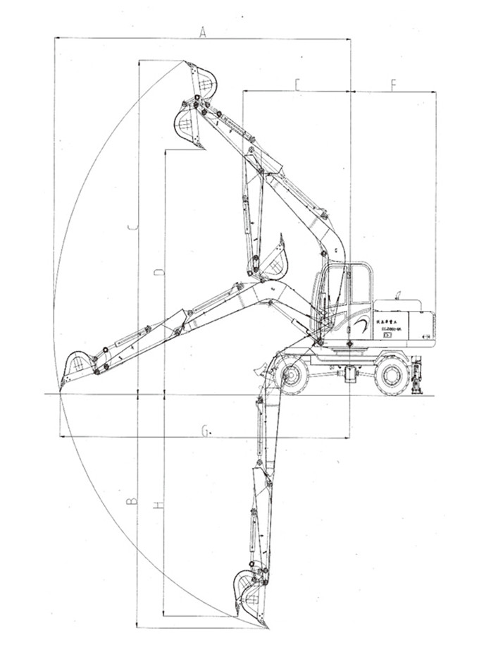 沃爾華DLS880-9A 7.2噸輪式液壓挖掘機(jī)工作范圍