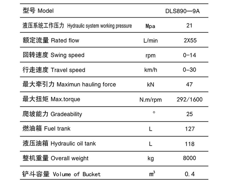 DLS890-9A輪式蔗木裝卸機性能參數(shù)